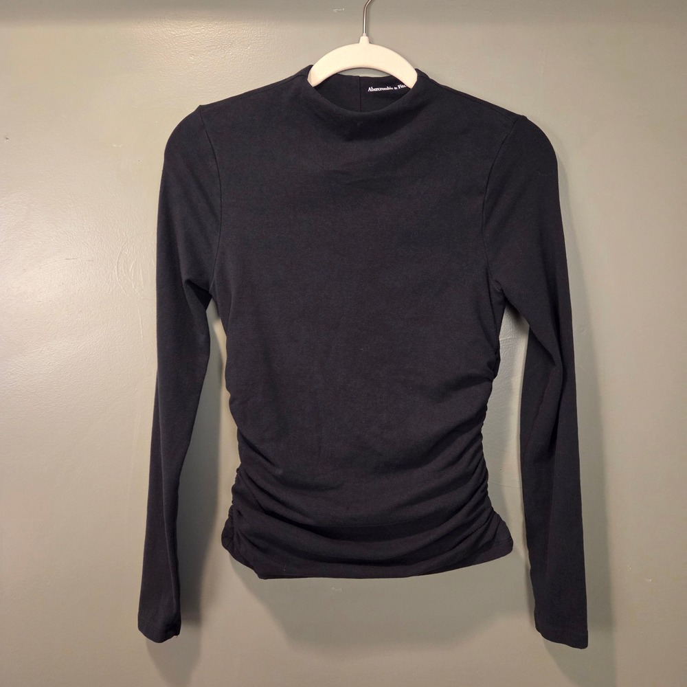 Abercrombie & Fitch Mockneck Top Ruched Sides Long Sleeves, Size S, Washed Black